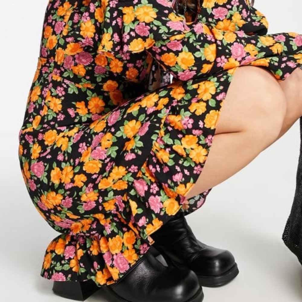 New Black & Orange Floral Ruffled TopShop Wrap Dress Long Sleeve 6 Spring Fall - Picture 8 of 10